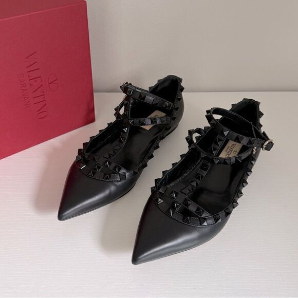 ⭕️ VALENTINO Rockstud Pointed Toe Ballet Flats Black 38.5 - Picture 1 of 8